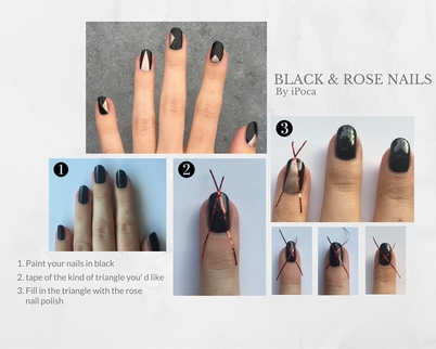 Step by step tutorial for black nails with rosé pink metallic triangles. Ipoca nail polish. OPI & Essie. 