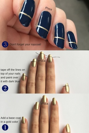 Step by step on how to do this really simple nail art! Dark blue nails with a golden line. 